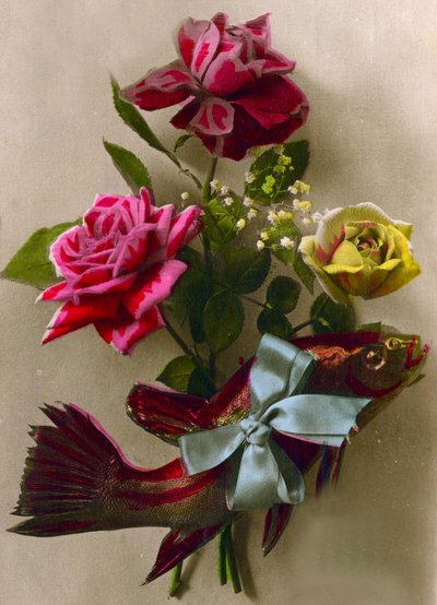 Roses and a Gift-Wrapped Fish by French School